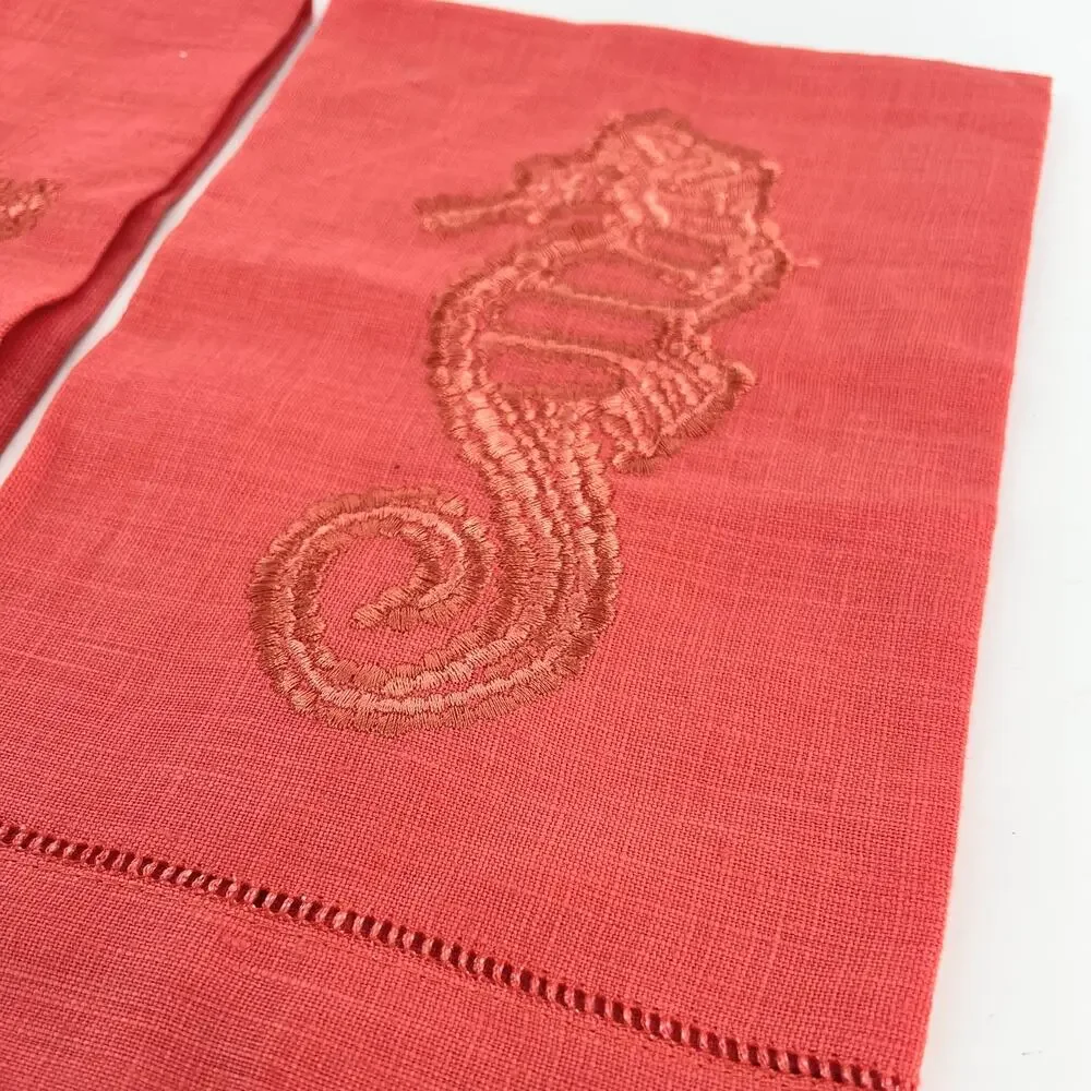 Mud Pie Linen Coastal Tea Towels Coral Embroidered Seahorse Starfish